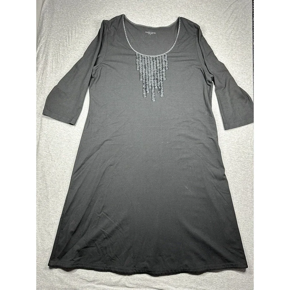 Eileen Fisher Dress Black M‎ Medium Pleated Bib A Line Stretch